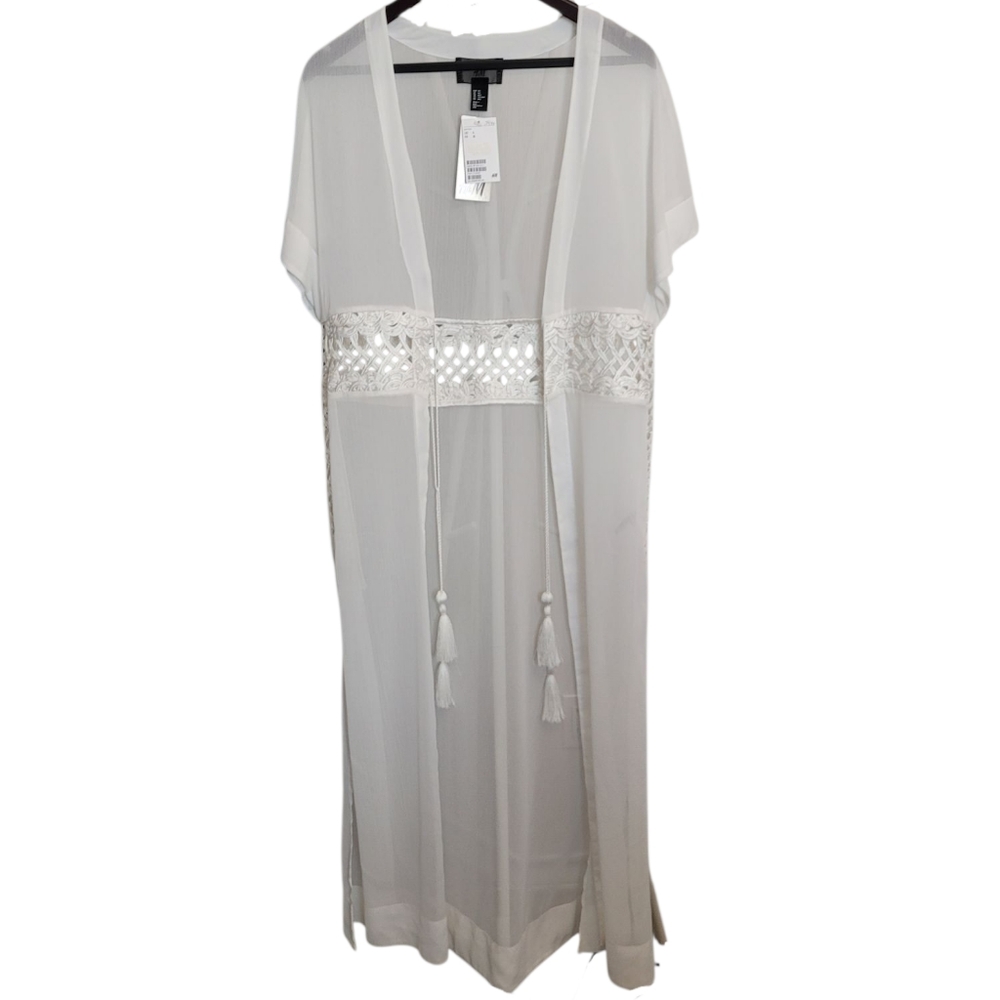 🆕️ H&M Longline Semi-Sheer Tassel Tie Front Duster Kimono Robe - Size M/L - Picture 4 of 11